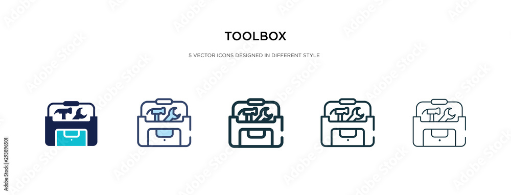 toolbox icon in different style vector illustration. two colored and black toolbox vector icons designed in filled, outline, line and stroke style can be used for web, mobile, ui - obrazy, fototapety, plakaty 