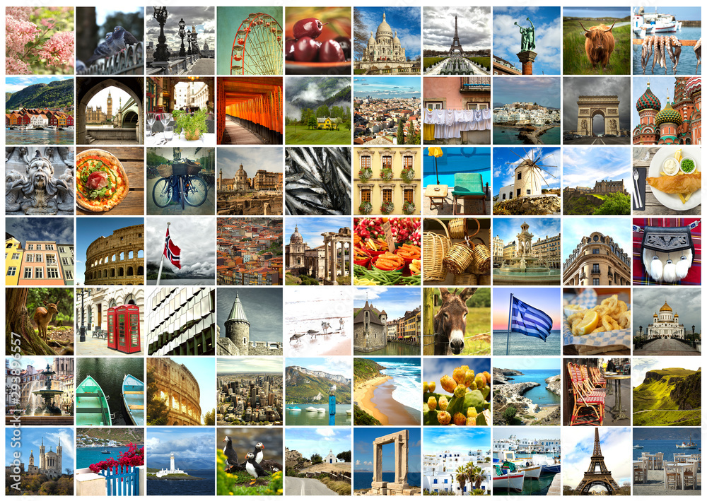 Collage of a pictures of food, objects, landmark, landscape and touristic place in the world