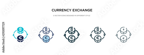 currency exchange icon in different style vector illustration. two colored and black currency exchange vector icons designed in filled, outline, line and stroke style can be used for web, mobile, ui
