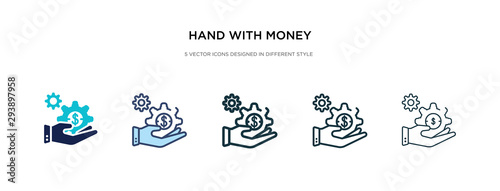 hand with money gear icon in different style vector illustration. two colored and black hand with money gear vector icons designed in filled, outline, line and stroke style can be used for web,