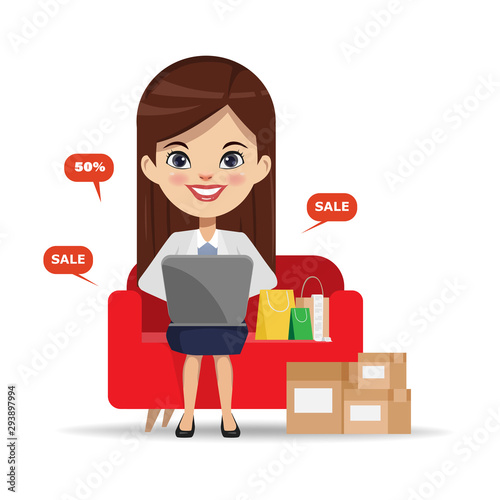 Businesswoman shopping online with a laptop computer at the sofa. Business customer character.