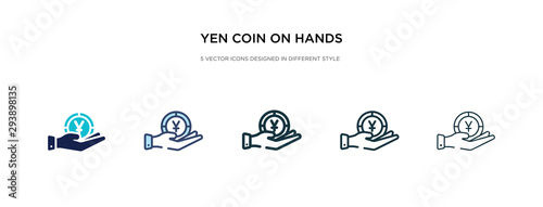 yen coin on hands icon in different style vector illustration. two colored and black yen coin on hands vector icons designed in filled, outline, line and stroke style can be used for web, mobile, ui photo