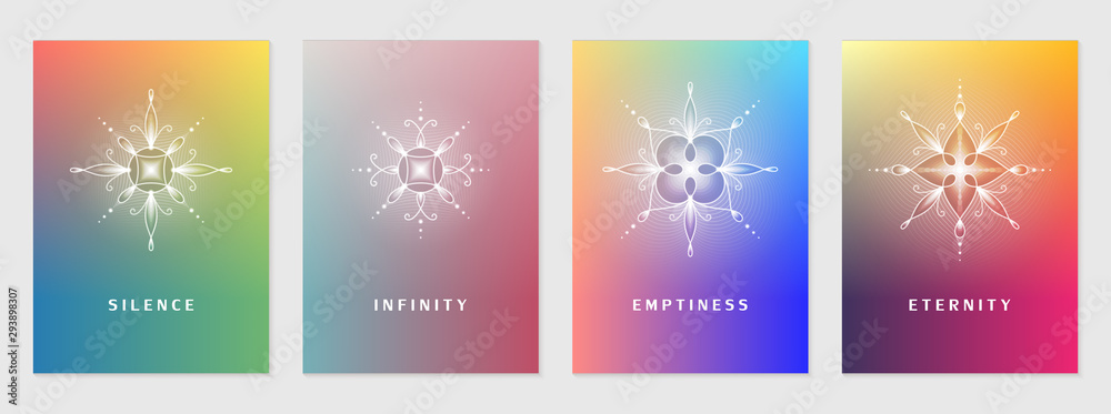 Vector set of cover design template with sacred geometry abstract elements; Modern colorful bright gradient; Shiny floral geometric mandalas; Yoga, meditation and mindfulness concept. Vector set of cover design template with sacred geometry abstract elements; Modern colorful bright gradient; Shiny floral geometric mandalas; Yoga, meditation and mindfulness concept.