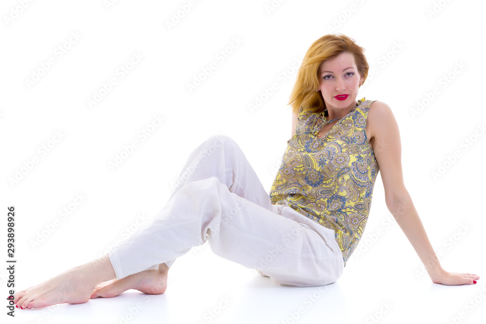 studio fashion portrait of beautiful young woman, sitting, on wh studio fashion portrait of beautiful young woman, sitting, on wh