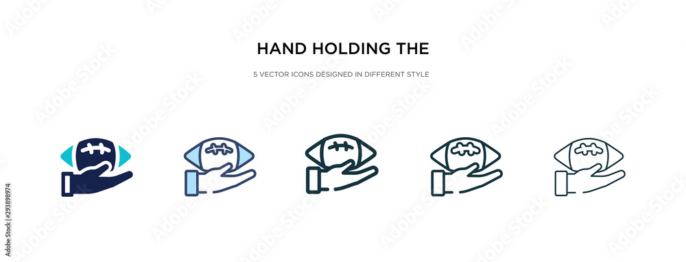 hand holding the ball icon in different style vector illustration. two colored and black hand holding the ball vector icons designed in filled, outline, line and stroke style can be used for web,