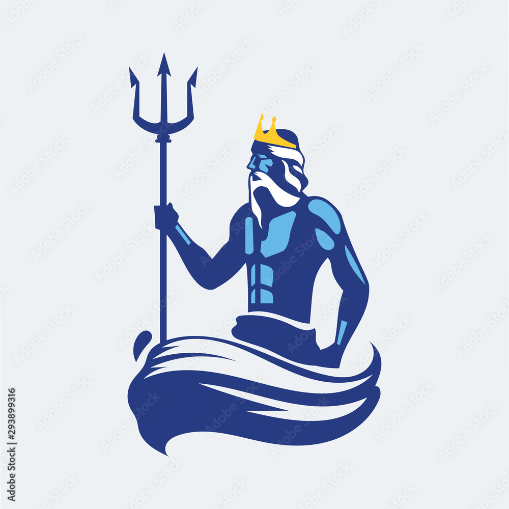 Poseidon or Neptune wielding a trident with waves. mascot logo design ...