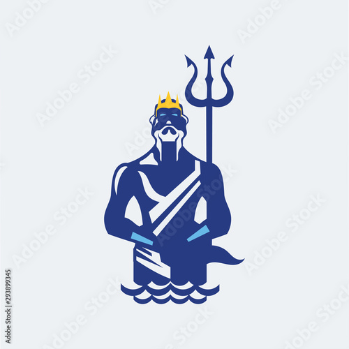 Poseidon or Neptune wielding a trident with waves. mascot logo design
