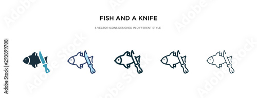 fish and a knife icon in different style vector illustration. two colored and black fish and a knife vector icons designed in filled, outline, line stroke style can be used for web, mobile, ui