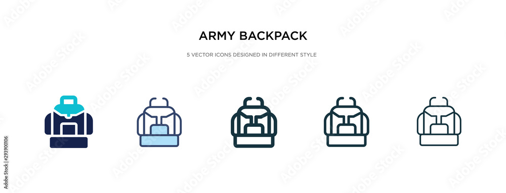 army backpack icon in different style vector illustration. two colored and black army backpack vector icons designed in filled, outline, line and stroke style can be used for web, mobile, ui army backpack icon in different style vector illustration. two colored and black army backpack vector icons designed in filled, outline, line and stroke style can be used for web, mobile, ui