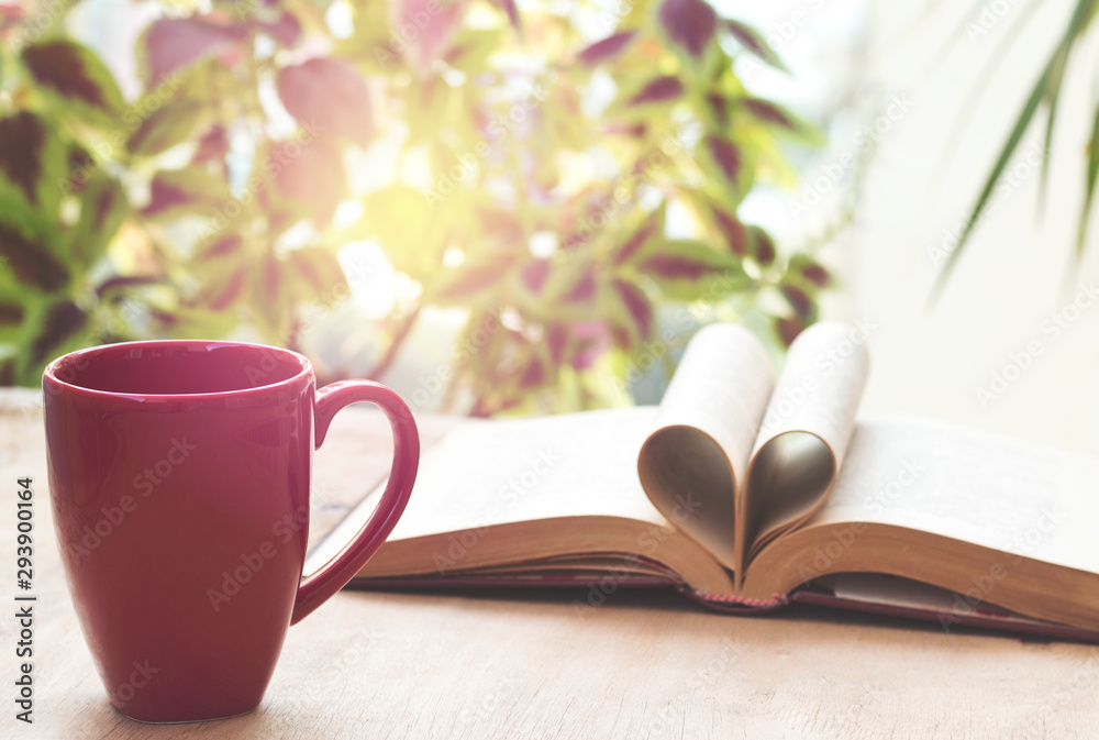 cup and open book on wooden table in front of the window