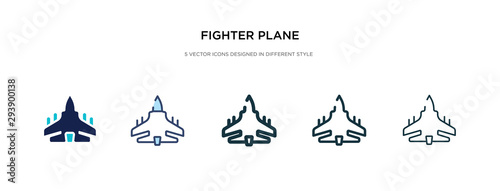 fighter plane icon in different style vector illustration. two colored and black fighter plane vector icons designed in filled  outline  line and stroke style can be used for web  mobile  ui