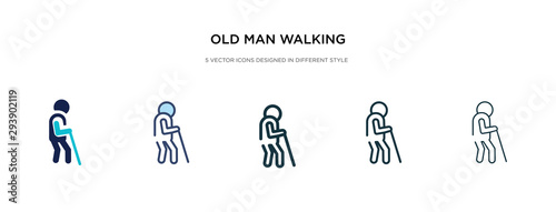old man walking icon in different style vector illustration. two colored and black old man walking vector icons designed in filled, outline, line and stroke style can be used for web, mobile, ui