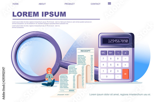 Modern purple small calculator with basic function with long receipt flat vector illustration on white background web site page design horizontal banner