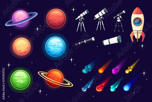 Set of colorful space icon planet spaceship, telescope ,asteroid and others flat vector illustration on dark background