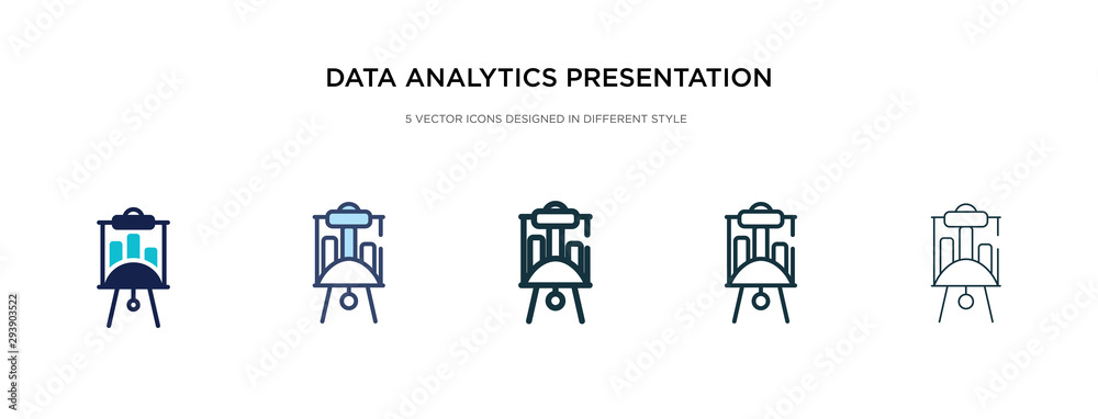 data analytics presentation screen icon in different style vector illustration. two colored and black data analytics presentation screen vector icons designed in filled, outline, line and stroke