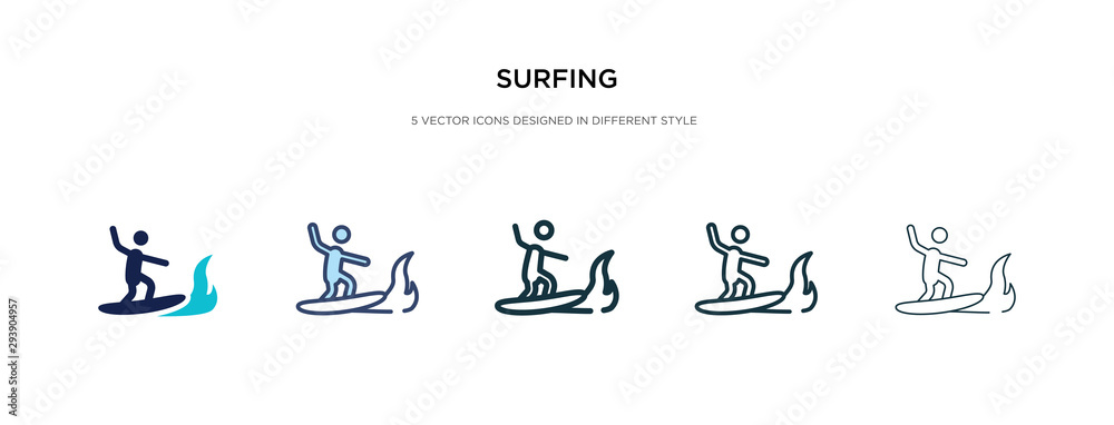 surfing icon in different style vector illustration. two colored and black surfing vector icons designed in filled, outline, line and stroke style can be used for web, mobile, ui