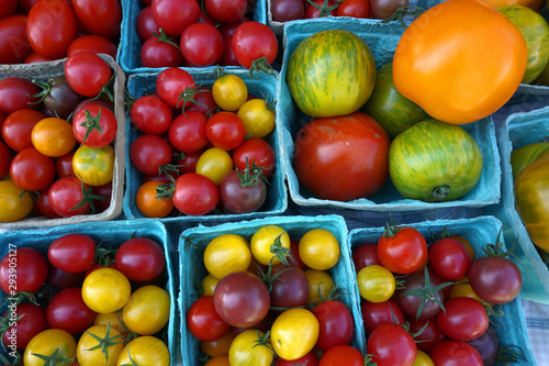 Multi-colored tomatoes in baskets at the Farmers Market