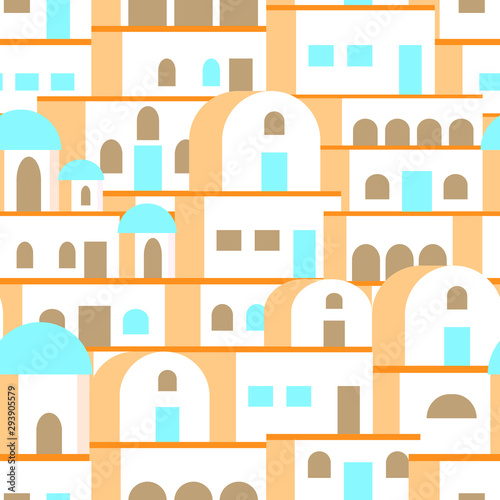 Santorini island tourism, architecture, seamless pattern. Holidays in Greece. Vector illustration in flat style.