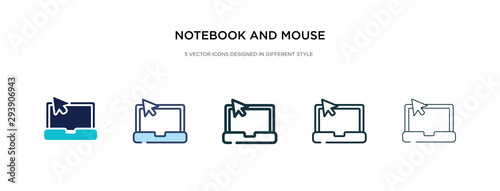 notebook and mouse cursor icon in different style vector illustration. two colored and black notebook and mouse cursor vector icons designed in filled, outline, line stroke style can be used for