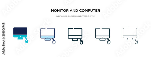 monitor and computer mouse icon in different style vector illustration. two colored and black monitor and computer mouse vector icons designed in filled, outline, line stroke style can be used for