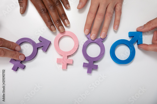 Multi Ethnic People Showing Gender Signs On Table photo