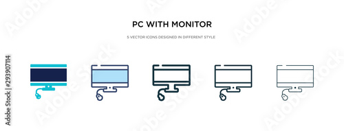 pc with monitor icon in different style vector illustration. two colored and black pc with monitor vector icons designed in filled, outline, line and stroke style can be used for web, mobile, ui