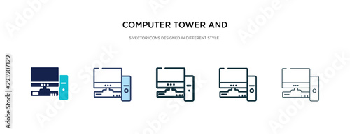 computer tower and the monitor icon in different style vector illustration. two colored and black computer tower and the monitor vector icons designed in filled, outline, line stroke style can be