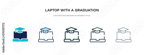 laptop with a graduation cap icon in different style vector illustration. two colored and black laptop with a graduation cap vector icons designed in filled, outline, line and stroke style can be