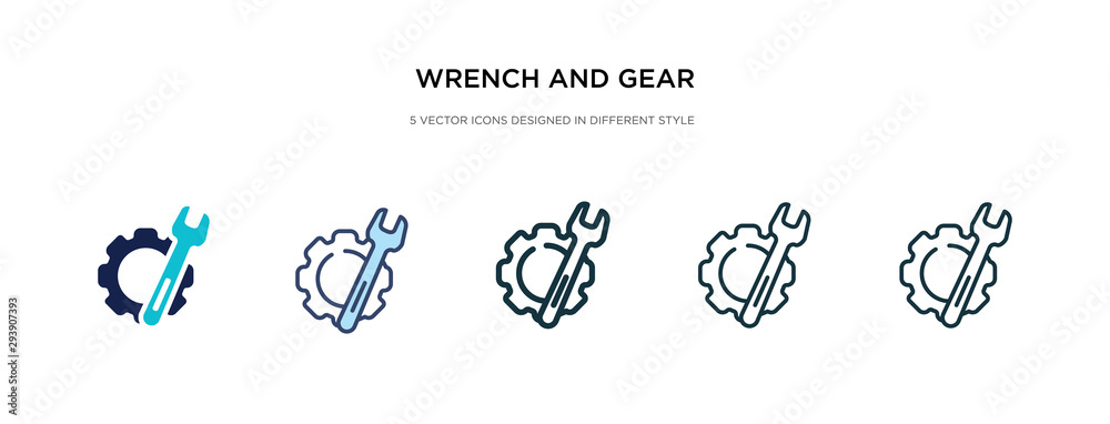wrench and gear icon in different style vector illustration. two colored and black wrench and gear vector icons designed in filled, outline, line stroke style can be used for web, mobile, ui