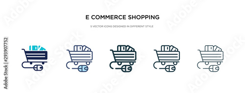 e commerce shopping cart tool icon in different style vector illustration. two colored and black e commerce shopping cart tool vector icons designed in filled, outline, line and stroke style can be