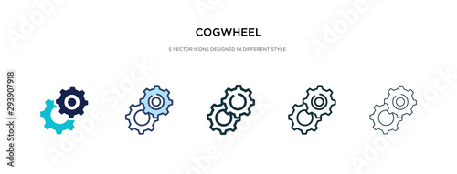 cogwheel icon in different style vector illustration. two colored and black cogwheel vector icons designed in filled, outline, line and stroke style can be used for web, mobile, ui