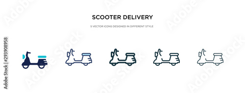 scooter delivery icon in different style vector illustration. two colored and black scooter delivery vector icons designed in filled, outline, line and stroke style can be used for web, mobile, ui