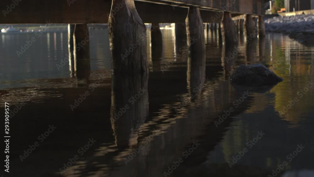water reflecting pier on alpine lake water reflecting pier on alpine lake