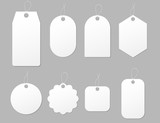 Mockup tag, paper label. Template blank tag for price shopping, hang sale, gift card.Design labels with cord. Round, square shape of hang stamp isolated.Blank paper price for sale.vector