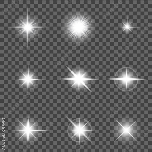 White shine flare light, sun or star. Flash effect, lens flare, sunlight ray with lightning on transparent background. Bright light spark. Glow shine stars, sparkle dust particles. vector illustration