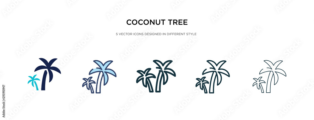 coconut tree icon in different style vector illustration. two colored and black coconut tree vector icons designed in filled, outline, line and stroke style can be used for web, mobile, ui coconut tree icon in different style vector illustration. two colored and black coconut tree vector icons designed in filled, outline, line and stroke style can be used for web, mobile, ui