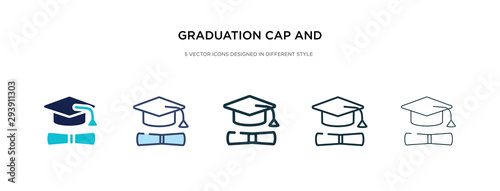 graduation cap and diploma icon in different style vector illustration. two colored and black graduation cap and diploma vector icons designed in filled, outline, line stroke style can be used for