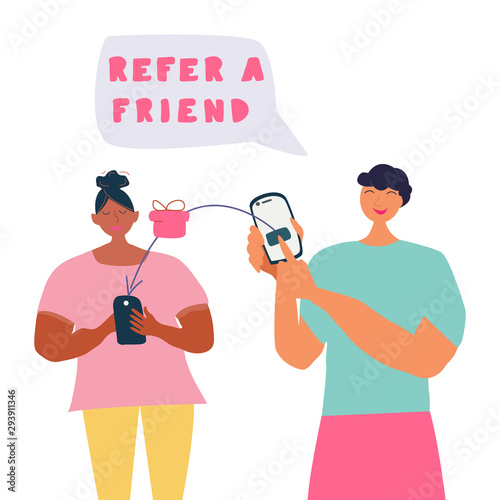 Refer a friend concept, friend referring and receiving gift.