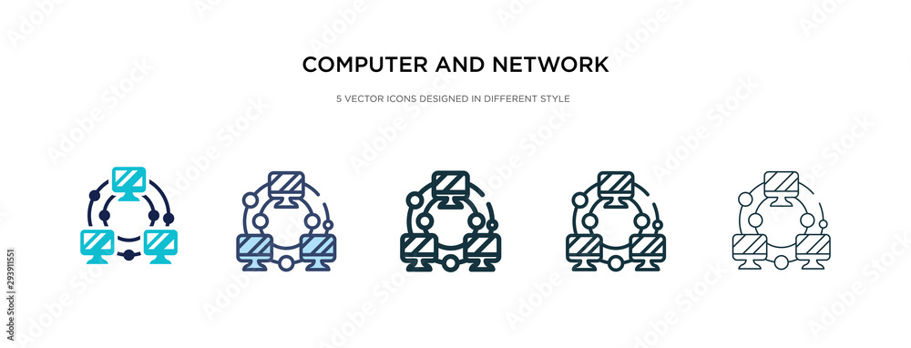 computer and network icon in different style vector illustration. two colored and black computer and network vector icons designed in filled, outline, line stroke style can be used for web, mobile,