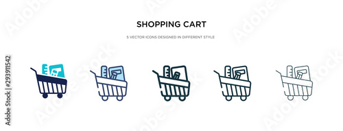 shopping cart icon in different style vector illustration. two colored and black shopping cart vector icons designed in filled, outline, line and stroke style can be used for web, mobile, ui