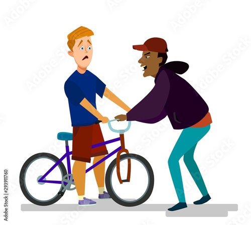 Bully takes the bike from a teenager. Vector illustration .