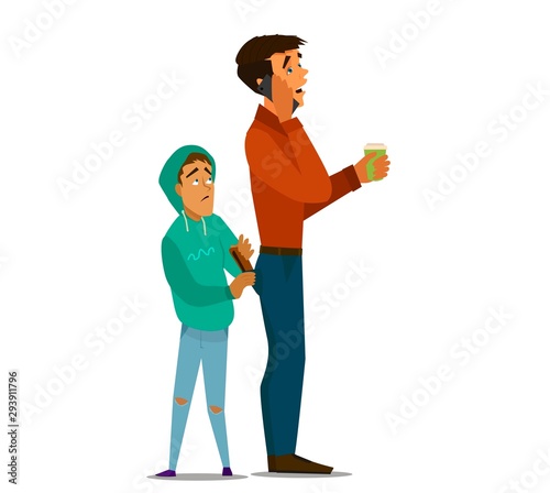 A child steals a purse from a man's back pocket. Vector illustration.