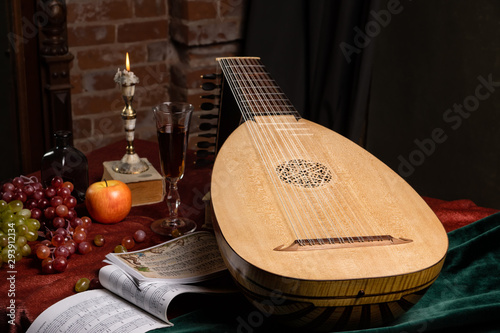 Musical still life in the Renaissance style with lute..