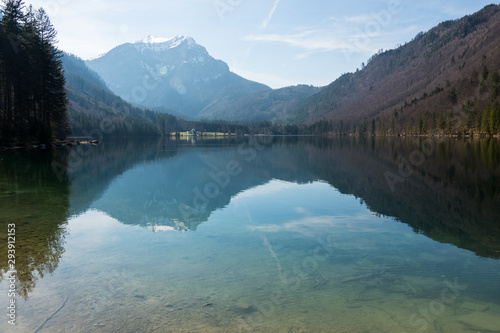 Scenic view of the great landscape reflecting on the shallow crystal clear water of the Vorderer Langbathsee near Ebensee  Ober  sterreich  Austria