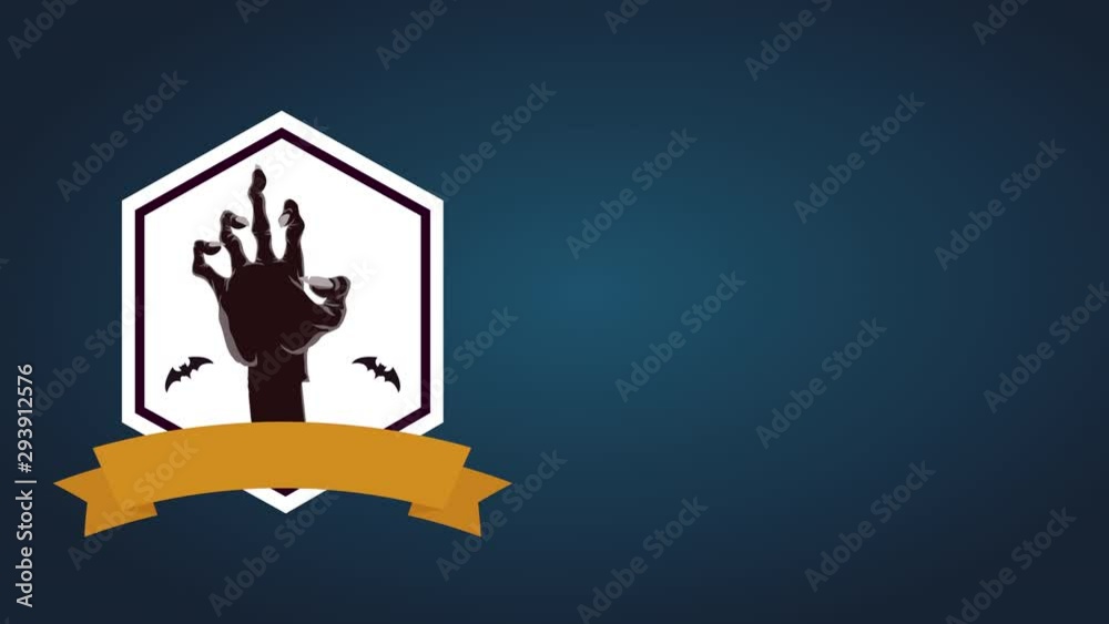 Halloween stamp with scary hand of undead with blank space, animation