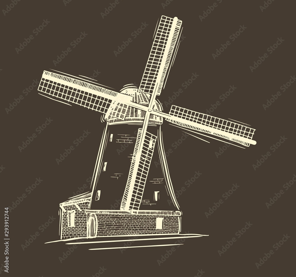 Still life with bread and windmill.Old wooden windmill, sketch. Agriculture, farming, bakery logo or label. Vintage vector illustration Still life with bread and windmill.Old wooden windmill, sketch. Agriculture, farming, bakery logo or label. Vintage vector illustration