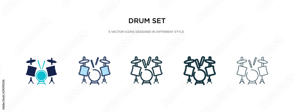 Plakat drum set icon in different style vector illustration. two colored and black drum set vector icons designed in filled, outline, line and stroke style can be used for web, mobile, ui