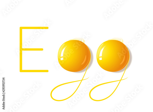 „Egg“ Text mit aufgeschlagene Eigelbe,  Dotter als Buchstabe, Egg Karte, Vektor Illustration Isoliert auf weißem Hintergrund