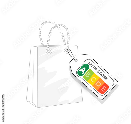 Einkaufsbeutel mit Nutri-Score Lebensmittelampel Schild,  Vektor Grafik isoliert auf grauem Hintergrund