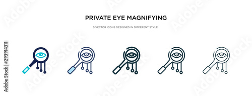 private eye magnifying glass icon in different style vector illustration. two colored and black private eye magnifying glass vector icons designed in filled, outline, line and stroke style can be